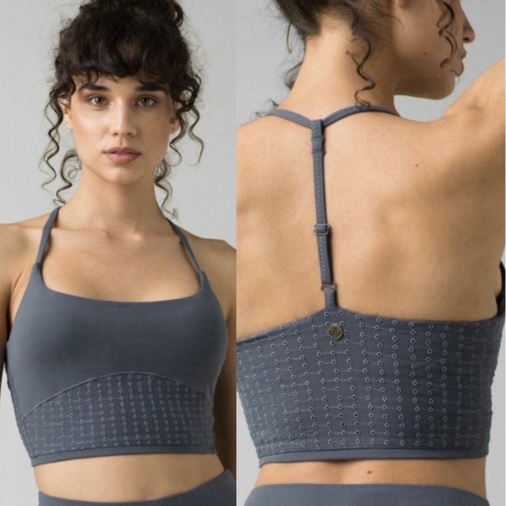 prAna Faro Bralette in Chalkboard Grey Eyelet Halter‎ T Back Stretch Athletic L
